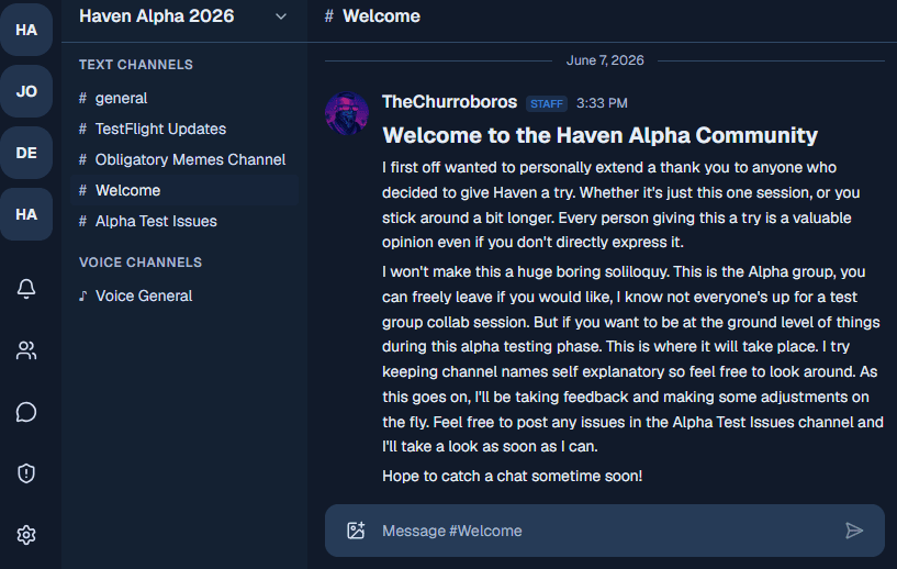 Haven desktop Welcome channel in the Haven Alpha 2026 community